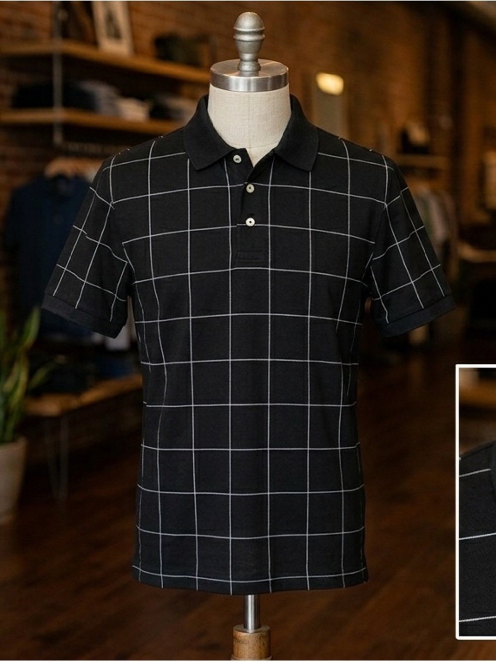 Men's Black Windowpane Polo Shirt - Classic Grid Detail